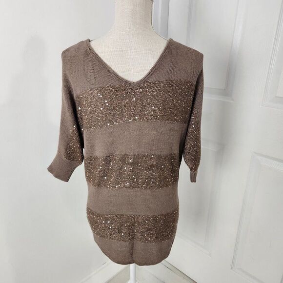 Express Sweater Womens Small Brown Striped Sequins Lightweight Pullover V Neck - Picture 5 of 13